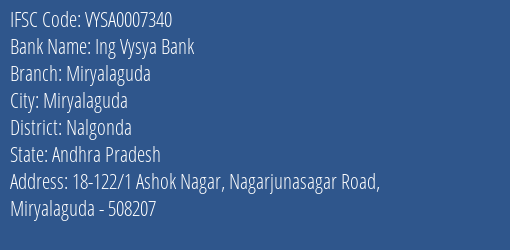 Ing Vysya Bank Miryalaguda Branch, Branch Code 007340 & IFSC Code VYSA0007340