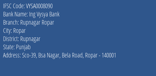 Ing Vysya Bank Rupnagar Ropar Branch, Branch Code 008090 & IFSC Code VYSA0008090