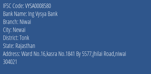 Ing Vysya Bank Niwai Branch, Branch Code 008580 & IFSC Code VYSA0008580