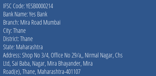 Yes Bank Mira Road Mumbai Branch, Branch Code 000214 & IFSC Code Yesb0000214