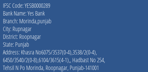 Yes Bank Morinda Punjab Branch Roopnagar IFSC Code YESB0000289