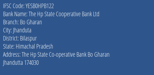 Yes Bank The Hp State Co Op Bank Bo Gharan Branch Jhanduta IFSC Code YESB0HPB122