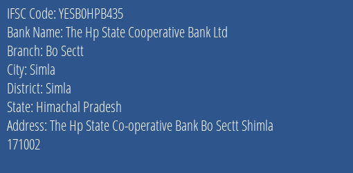 Yes Bank The Hp State Co Op Bank Bo Sectt Branch Simla IFSC Code YESB0HPB435