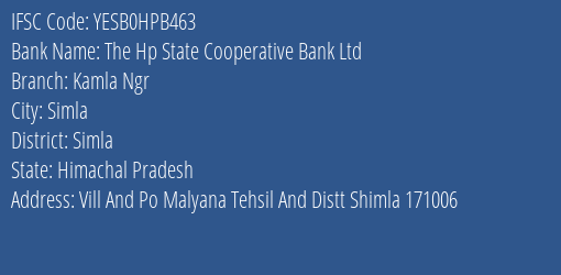 Yes Bank The Hp State Coop Bank Kamla Ngr Branch Simla IFSC Code YESB0HPB463