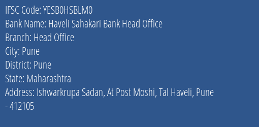 Yes Bank Haveli Sahakari Bank Head Office Branch, Branch Code HSBLM0 & IFSC Code Yesb0hsblm0