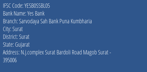 Yes Bank Sarvodaya Sah Bank Puna Kumbharia Branch, Branch Code SSBL05 & IFSC Code Yesb0ssbl05