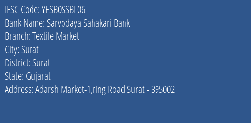 Yes Bank Sarvodaya Sah Bank Textile Market Branch, Branch Code SSBL06 & IFSC Code Yesb0ssbl06