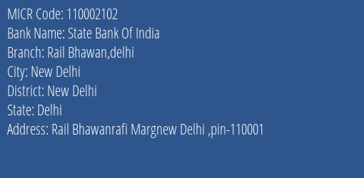 State Bank Of India Rail Bhawan Delhi Branch Address Details and MICR Code 110002102