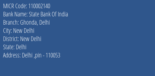 State Bank Of India Ghonda Delhi Branch Address Details and MICR Code 110002140