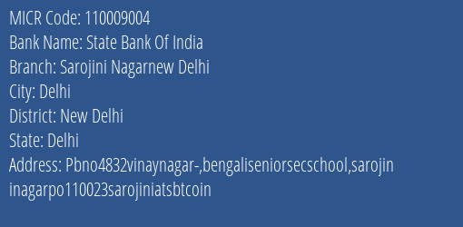 State Bank Of India Sarojini Nagarnew Delhi Branch Address Details and MICR Code 110009004