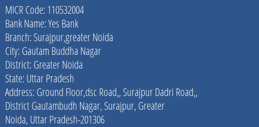 Yes Bank Surajpur Greater Noida MICR Code