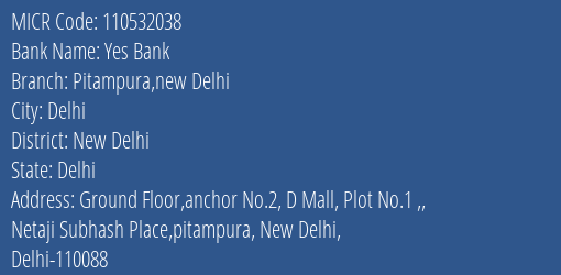 Yes Bank Pitampura New Delhi MICR Code