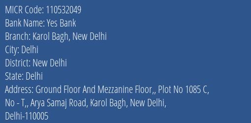 Yes Bank Karol Bagh New Delhi MICR Code