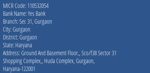 Yes Bank Sec 31 Gurgaon MICR Code