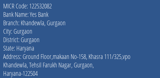 Yes Bank Khandewla Gurgaon MICR Code