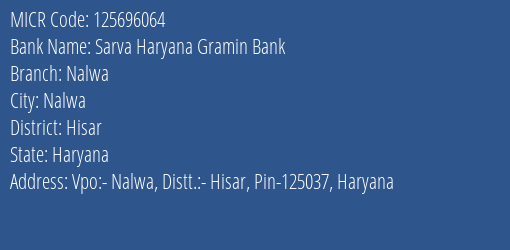 Sarva Haryana Gramin Bank Nalwa Branch Address Details and MICR Code 125696064