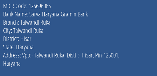 Sarva Haryana Gramin Bank Talwandi Ruka Branch Address Details and MICR Code 125696065