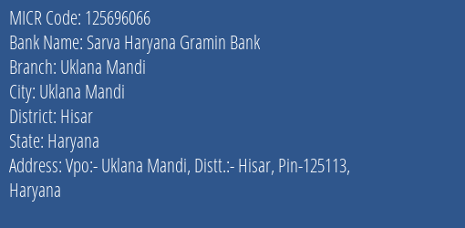 Sarva Haryana Gramin Bank Uklana Mandi Branch Address Details and MICR Code 125696066