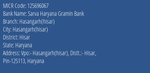 Sarva Haryana Gramin Bank Hasangarh Hisar Branch Address Details and MICR Code 125696067