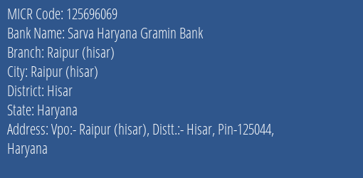 Sarva Haryana Gramin Bank Raipur Hisar Branch Address Details and MICR Code 125696069