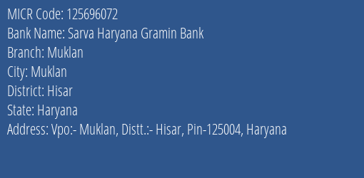 Sarva Haryana Gramin Bank Muklan Branch Address Details and MICR Code 125696072