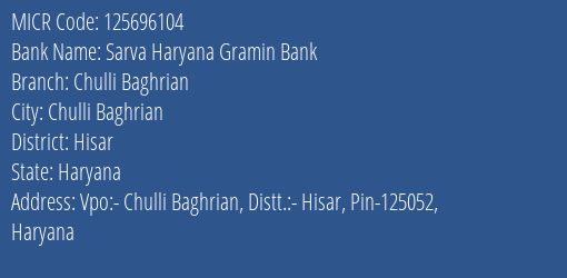 Sarva Haryana Gramin Bank Chulli Baghrian Branch Address Details and MICR Code 125696104