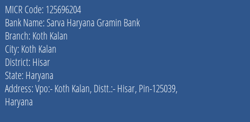 Sarva Haryana Gramin Bank Koth Kalan Branch Address Details and MICR Code 125696204