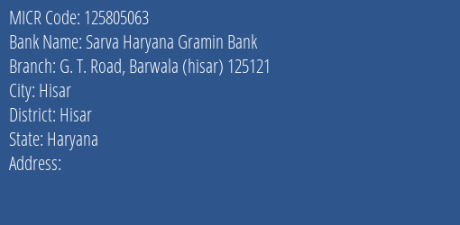 Sarva Haryana Gramin Bank G. T. Road Barwala Hisar 125121 Branch Address Details and MICR Code 125805063