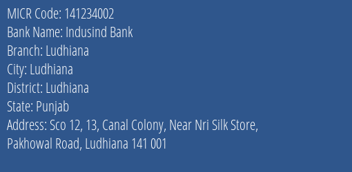 Indusind Bank Ludhiana MICR Code