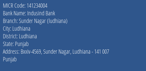 Indusind Bank Sunder Nagar Ludhiana MICR Code