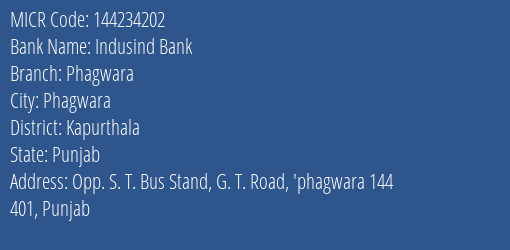 Indusind Bank Phagwara MICR Code