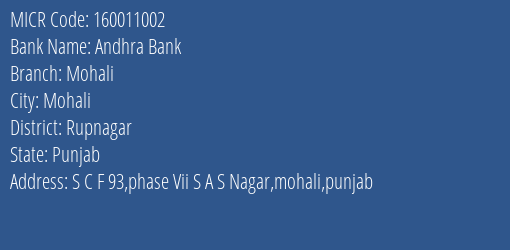 Andhra Bank Mohali Branch Address Details and MICR Code 160011002