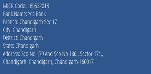 Yes Bank Chandigarh Sec 17 MICR Code
