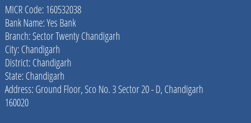 Yes Bank Sector Twenty Chandigarh MICR Code