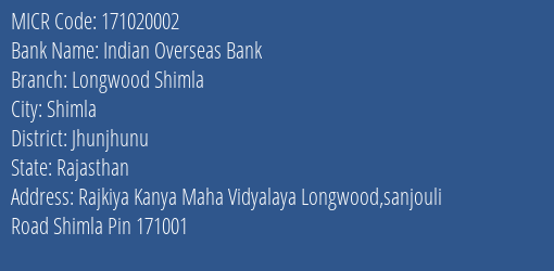Indian Overseas Bank Simla Branch Address Details and MICR Code 171020002