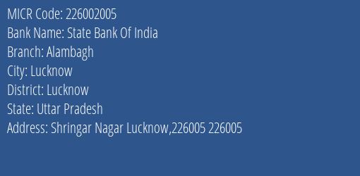 State Bank Of India Alambagh Branch Address Details and MICR Code 226002005