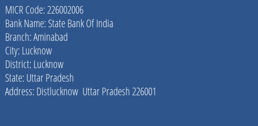 State Bank Of India Aminabad Branch Address Details and MICR Code 226002006