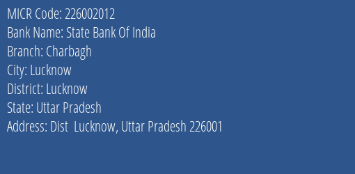 State Bank Of India Charbagh Branch Address Details and MICR Code 226002012