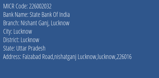 State Bank Of India Nishant Ganj Lucknow Branch Address Details and MICR Code 226002032