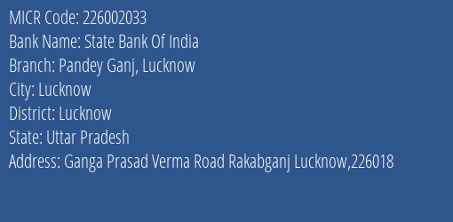 State Bank Of India Pandey Ganj Lucknow Branch Address Details and MICR Code 226002033