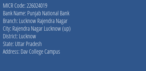 Punjab National Bank Lucknow Rajendra Nagar Branch Address Details and MICR Code 226024019