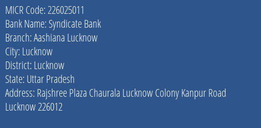 Syndicate Bank Aashiana Lucknow MICR Code