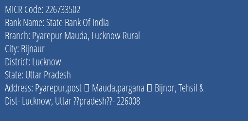 State Bank Of India Pyarepur Mauda Lucknow Rural Branch Address Details and MICR Code 226733502