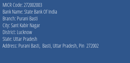 State Bank Of India Purani Basti Branch Address Details and MICR Code 272002003