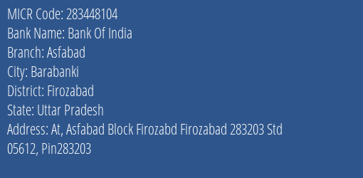 Bank Of India Asfabad Branch Address Details and MICR Code 283448104