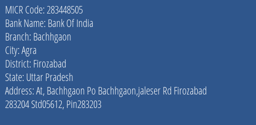 Bank Of India Bachhgaon Branch Address Details and MICR Code 283448505