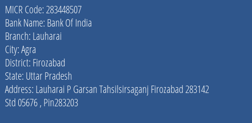 Bank Of India Lauharai Branch Address Details and MICR Code 283448507