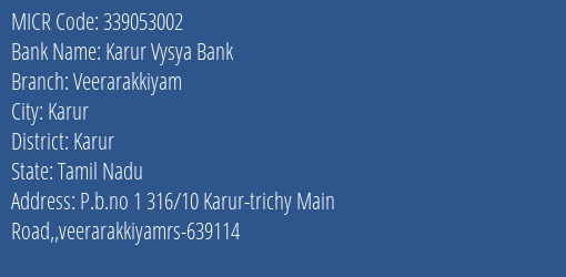Karur Vysya Bank Veerarakkiyam MICR Code