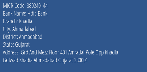 Hdfc Bank Khadia Branch Address Details and MICR Code 380240144