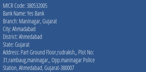 Yes Bank Maninagar Gujarat MICR Code